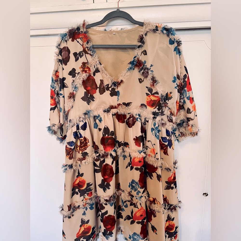 Raw Hem Autumn Floral Babydoll Style Mini Dress